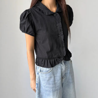 Jenny Puff Punched Lace Frill Short Sleeve Summer Blouse