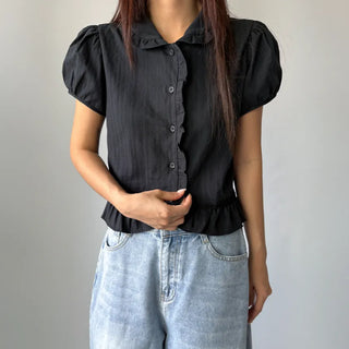 Jenny Puff Punched Lace Frill Short Sleeve Summer Blouse