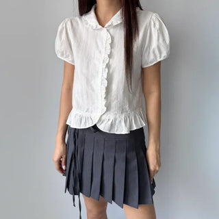 Jenny Puff Punched Lace Frill Short Sleeve Summer Blouse