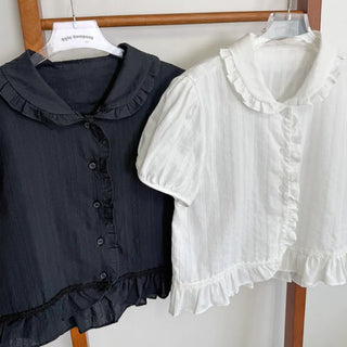 Jenny Puff Punched Lace Frill Short Sleeve Summer Blouse
