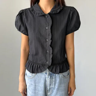 Jenny Puff Punched Lace Frill Short Sleeve Summer Blouse
