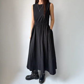 Elastic Waist Sleeveless Flare A-Line Crinkly Guest Anorak Dress