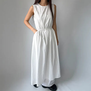 Elastic Waist Sleeveless Flare A-Line Crinkly Guest Anorak Dress
