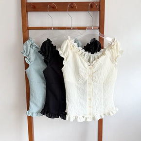 Off-shoulder V-neck Shirred Frill Punched Lace Blouse Lined