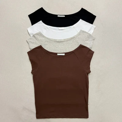 Boat Neck Raglan Lip Neck Shoulder Cutout Cap Sleeve Short Sleeve T-shirt