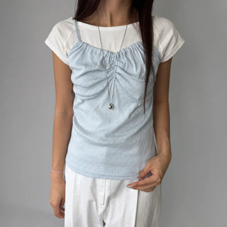 Soft Cotton Punched Shirred Layered Sleeveless Strappy Top Korea