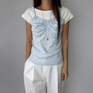 Soft Cotton Punched Shirred Layered Sleeveless Strappy Top Korea