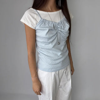 Soft Cotton Punched Shirred Layered Sleeveless Strappy Top Korea
