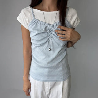 Soft Cotton Punched Shirred Layered Sleeveless Strappy Top Korea