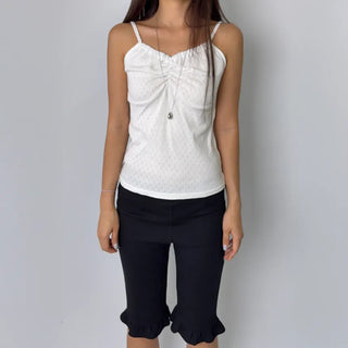 Soft Cotton Punched Shirred Layered Sleeveless Strappy Top Korea