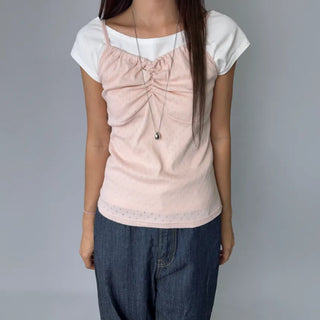 Soft Cotton Punched Shirred Layered Sleeveless Strappy Top Korea
