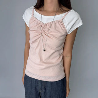 Soft Cotton Punched Shirred Layered Sleeveless Strappy Top Korea