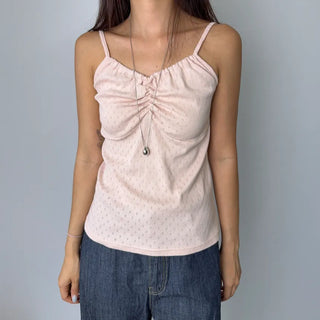 Soft Cotton Punched Shirred Layered Sleeveless Strappy Top Korea