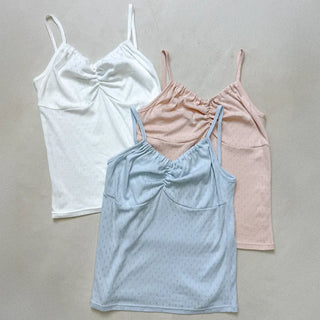 Soft Cotton Punched Shirred Layered Sleeveless Strappy Top Korea
