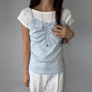 Soft Cotton Punched Shirred Layered Sleeveless Strappy Top Korea