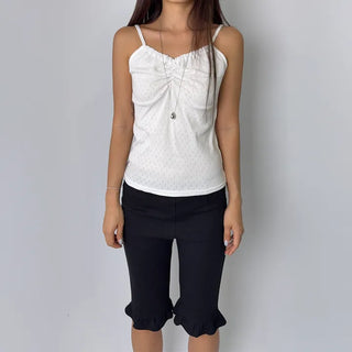 Soft Cotton Punched Shirred Layered Sleeveless Strappy Top Korea