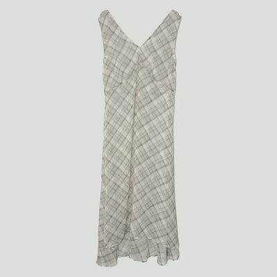 Check Layered See-through Chiffon Asymmetrical Summer Long Sleeveless V-Neck Dress