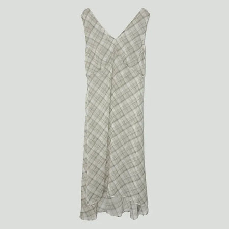 Check Layered See-through Chiffon Asymmetrical Summer Long Sleeveless V-Neck Dress