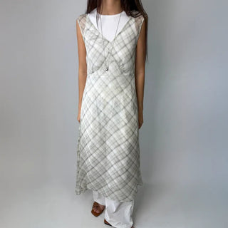 Check Layered See-through Chiffon Asymmetrical Summer Long Sleeveless V-Neck Dress