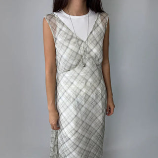 Check Layered See-through Chiffon Asymmetrical Summer Long Sleeveless V-Neck Dress