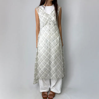 Check Layered See-through Chiffon Asymmetrical Summer Long Sleeveless V-Neck Dress