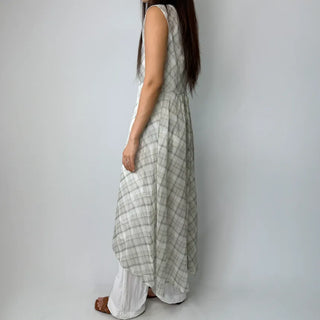 Check Layered See-through Chiffon Asymmetrical Summer Long Sleeveless V-Neck Dress