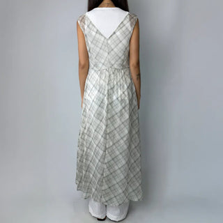Check Layered See-through Chiffon Asymmetrical Summer Long Sleeveless V-Neck Dress