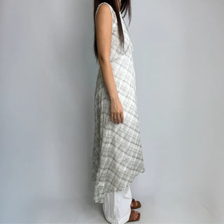 Check Layered See-through Chiffon Asymmetrical Summer Long Sleeveless V-Neck Dress