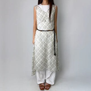 Check Layered See-through Chiffon Asymmetrical Summer Long Sleeveless V-Neck Dress