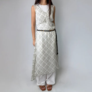 Check Layered See-through Chiffon Asymmetrical Summer Long Sleeveless V-Neck Dress