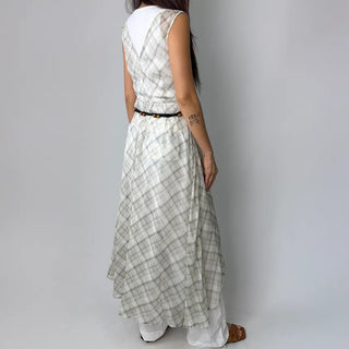 Check Layered See-through Chiffon Asymmetrical Summer Long Sleeveless V-Neck Dress