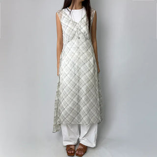 Check Layered See-through Chiffon Asymmetrical Summer Long Sleeveless V-Neck Dress