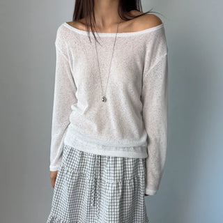 See-through Boat Neck Off-Shoulder Shoulder Cutout Summer Long Sleeve Tee