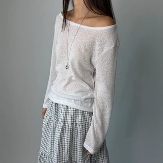 See-through Boat Neck Off-Shoulder Shoulder Cutout Summer Long Sleeve Tee