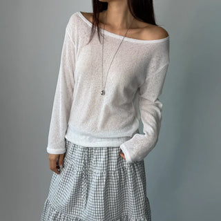 See-through Boat Neck Off-Shoulder Shoulder Cutout Summer Long Sleeve Tee