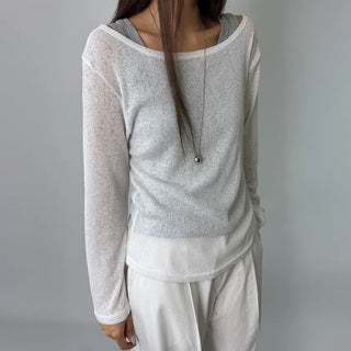 See-through Boat Neck Off-Shoulder Shoulder Cutout Summer Long Sleeve Tee