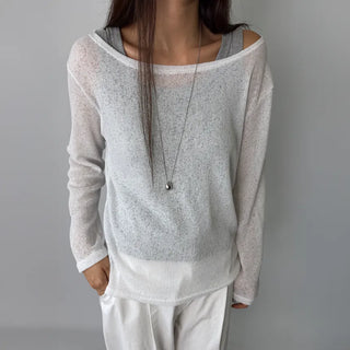 See-through Boat Neck Off-Shoulder Shoulder Cutout Summer Long Sleeve Tee