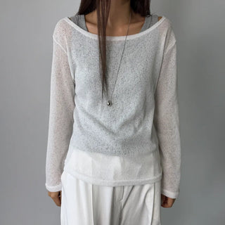 See-through Boat Neck Off-Shoulder Shoulder Cutout Summer Long Sleeve Tee