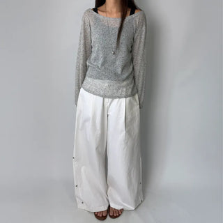 See-through Boat Neck Off-Shoulder Shoulder Cutout Summer Long Sleeve Tee