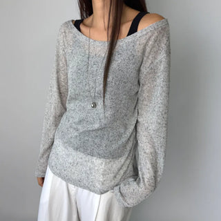 See-through Boat Neck Off-Shoulder Shoulder Cutout Summer Long Sleeve Tee