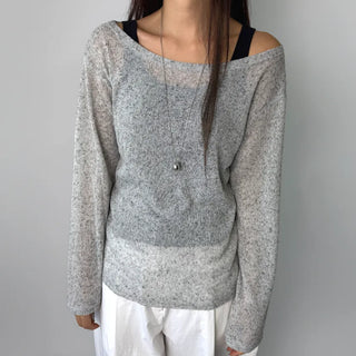 See-through Boat Neck Off-Shoulder Shoulder Cutout Summer Long Sleeve Tee