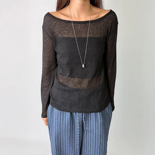 See-through Boat Neck Off-Shoulder Shoulder Cutout Summer Long Sleeve Tee