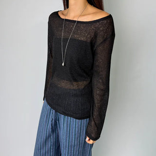 See-through Boat Neck Off-Shoulder Shoulder Cutout Summer Long Sleeve Tee