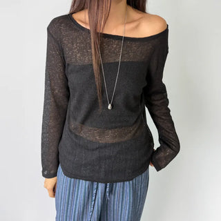 See-through Boat Neck Off-Shoulder Shoulder Cutout Summer Long Sleeve Tee