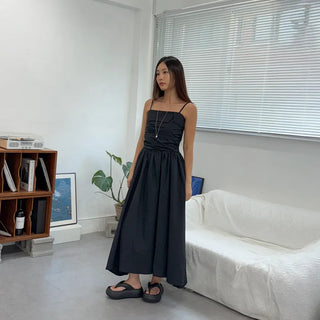 Shirred Flare Sleeveless Long Dress