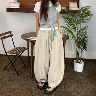 Balloon Pintuck Unisex Wide Jogger Summer Balloon Elastic Pants