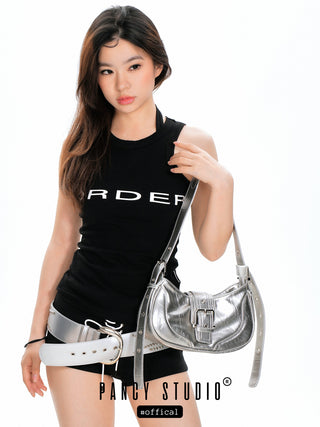 Y2k shoulder strap leather metalllic bag