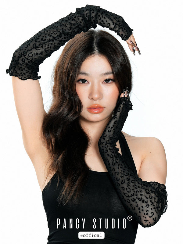 Leopard print mesh lace sun sleeves