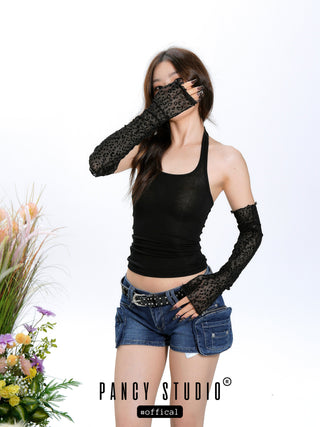 Leopard print mesh lace sun sleeves