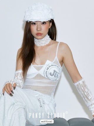 White mesh rose floral beret